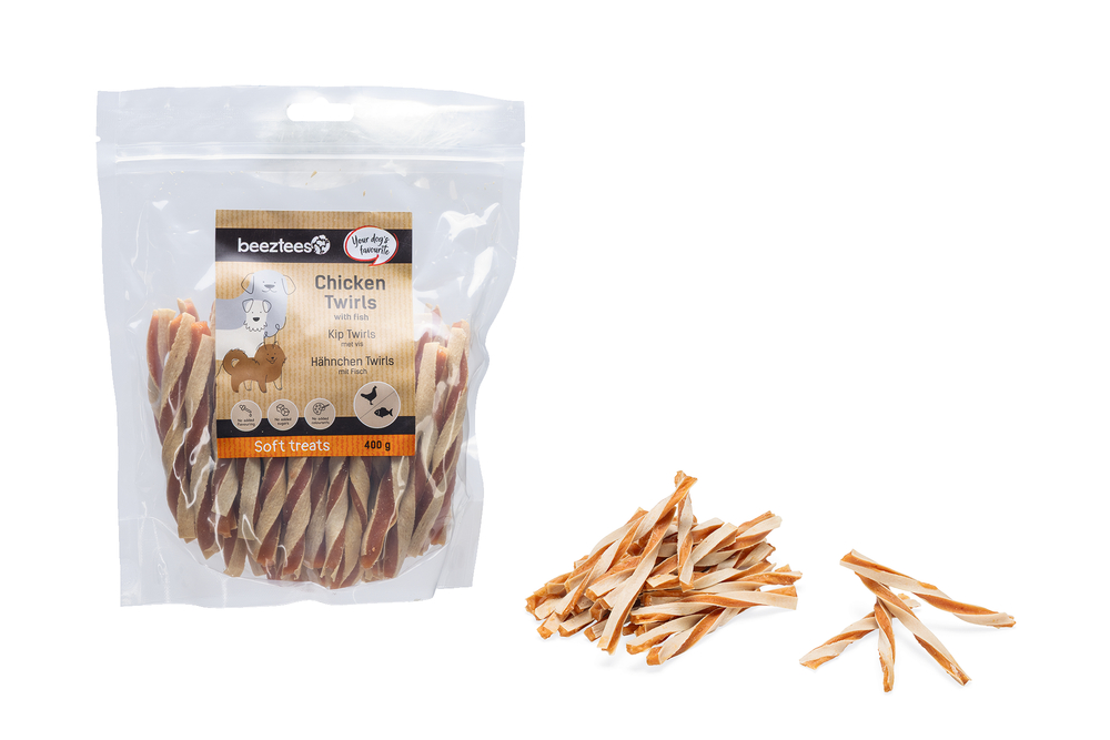 Beeztees Hondensnack Kip Twirls met Vis 400 gram