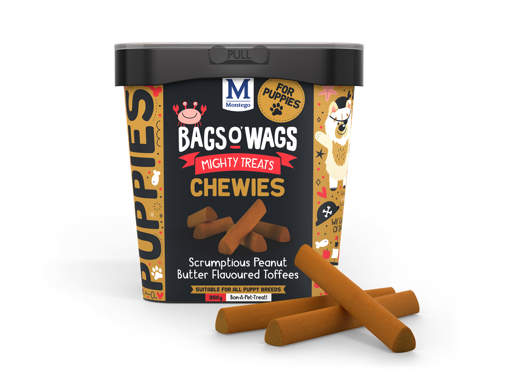 Montego Bags O' Wags Chewies Puppy Peanut Butter Toffees Tub 350 gram