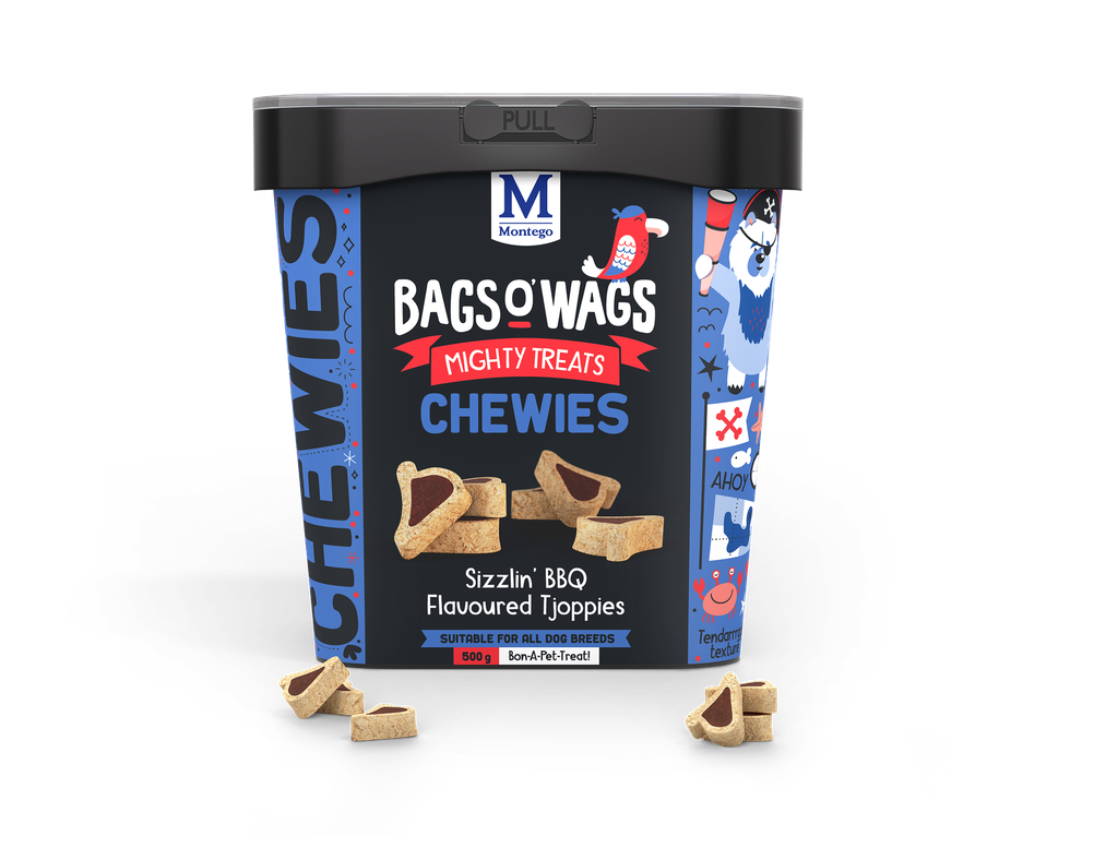 Montego Bags O' Wags hondensnack Chewies BBQ Tjoppies Tub 500 gram