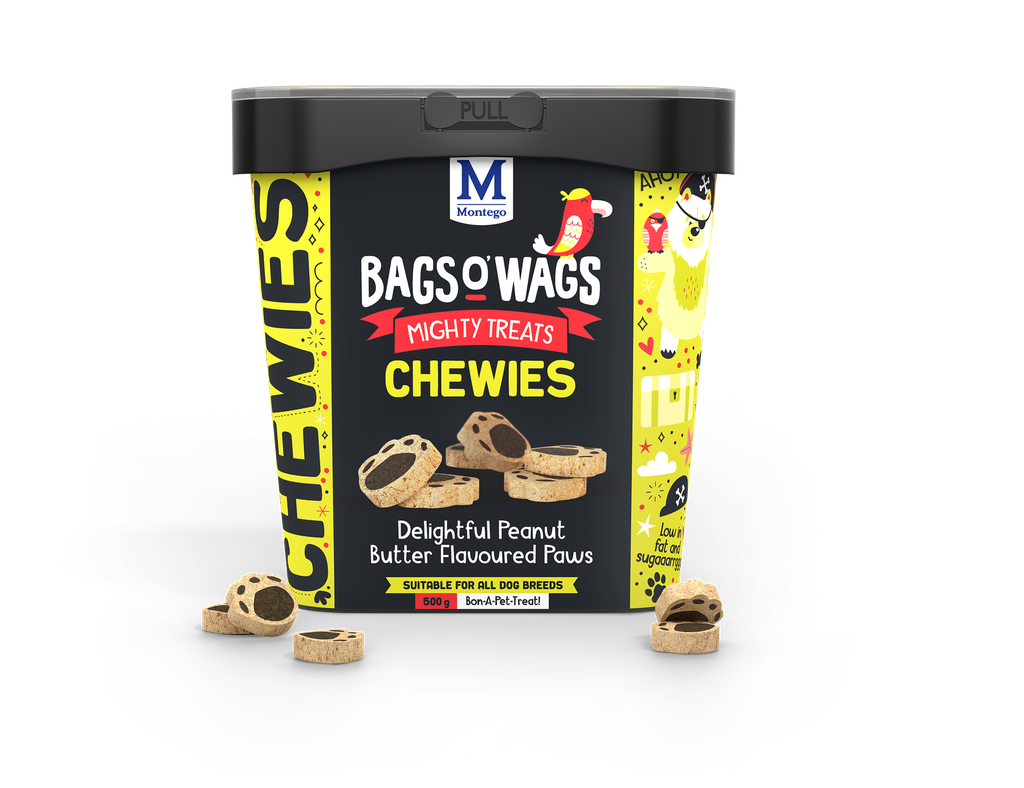 Montego Bags O' Wags Hondensnack Chewies Peanut Butter Paws Tub 500 gram